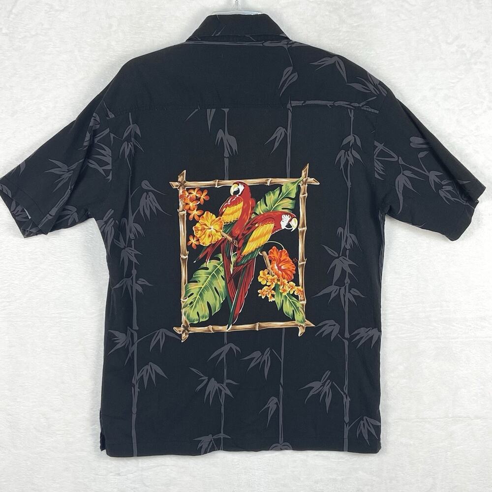 VTG Koko Island Hawaiian Camp Shirt Men M Black Bamboo Parrot Aloha Rayon USA